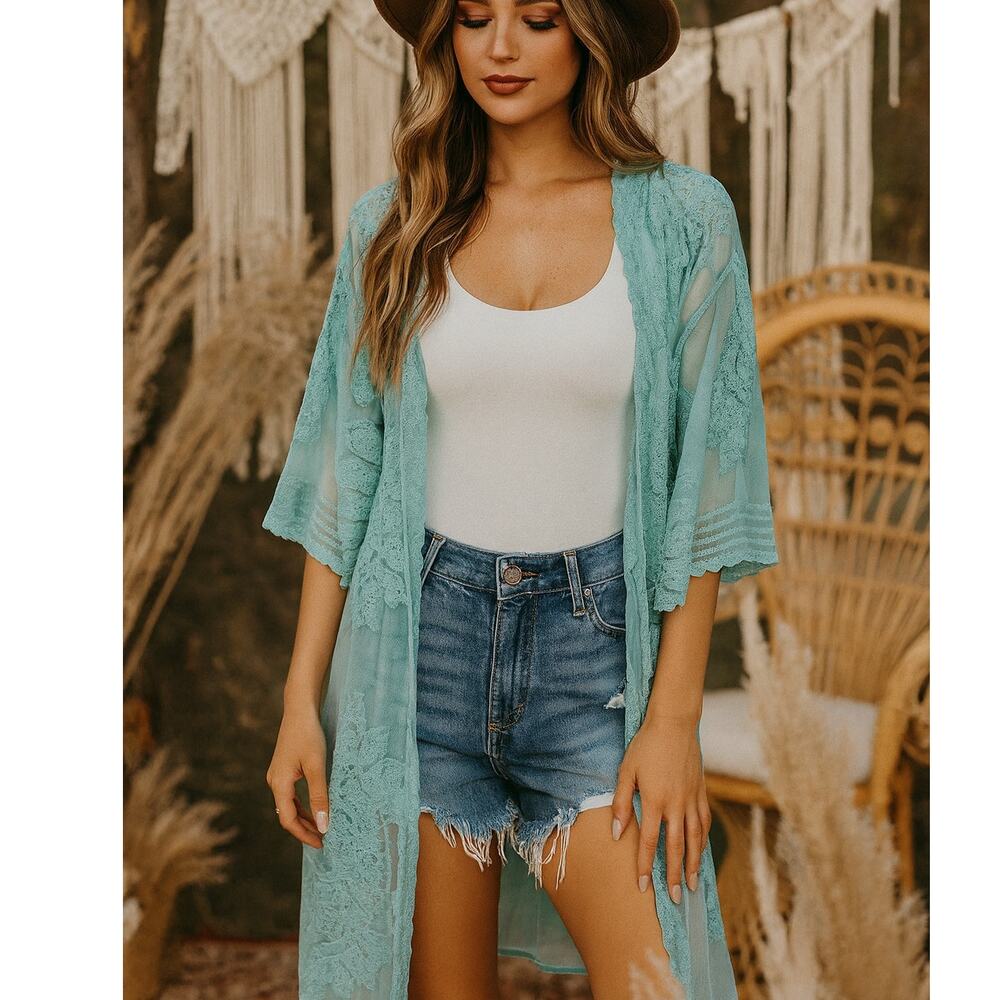 Rachel Zoe Embroidered Sheer Midi Kimono Turquoise One Size NWT Boho Festival - Picture 1 of 9